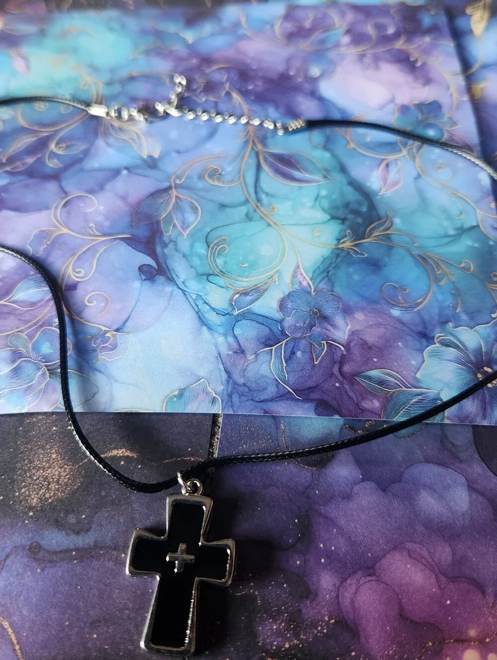Fashion Black Cross Pendant Necklace on Cord